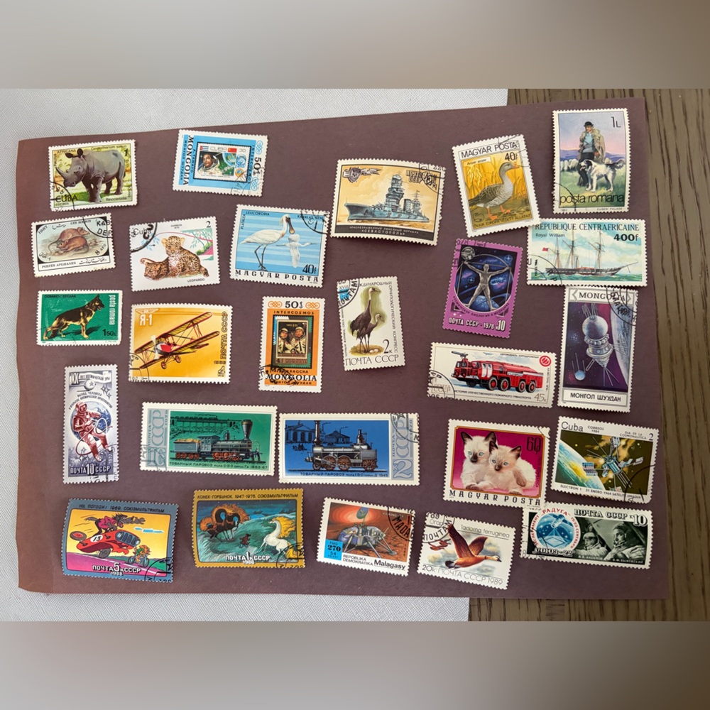 Vintage International Postage Stamp Lot - Colorful Mixed Designs and insert page